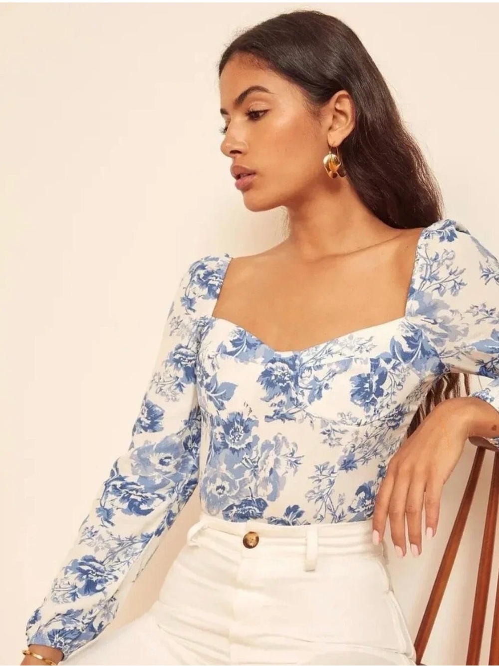 Reformation Blue & White Floral Sweetheart Long Sleeve Top